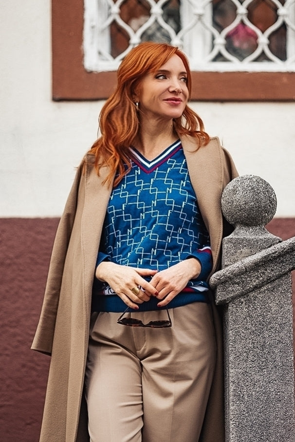 Logo Organic cotton V-neck Sweater NAVY