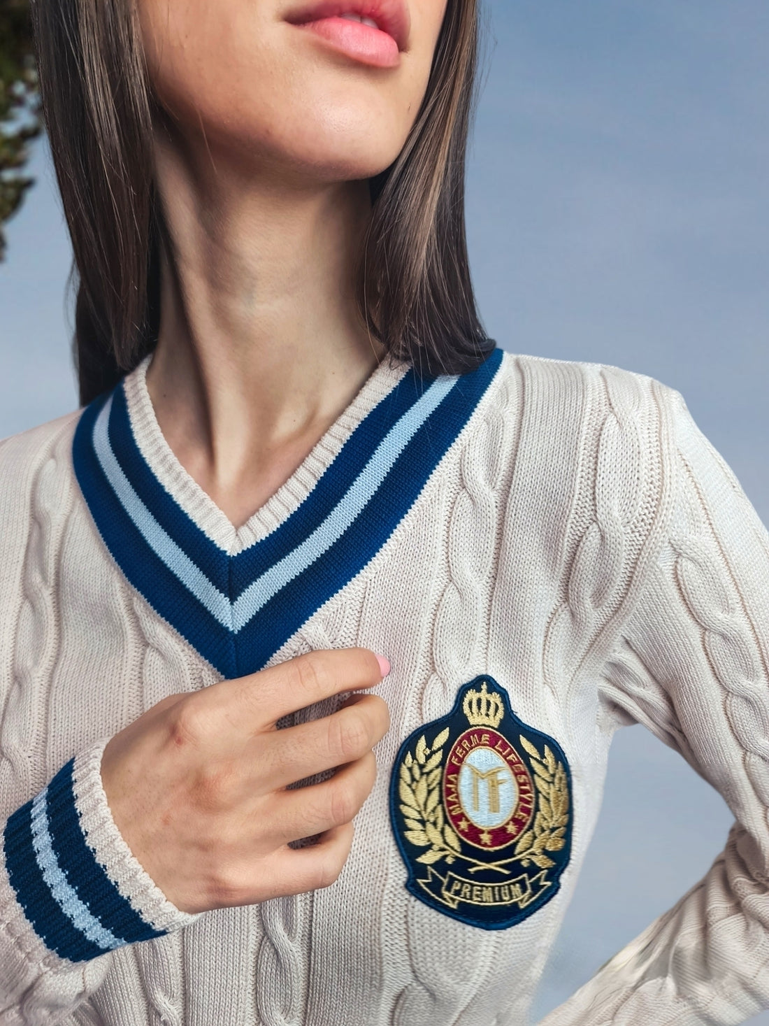 Organic cotton Cable-Knit Signature Premium V-Neck CREAM