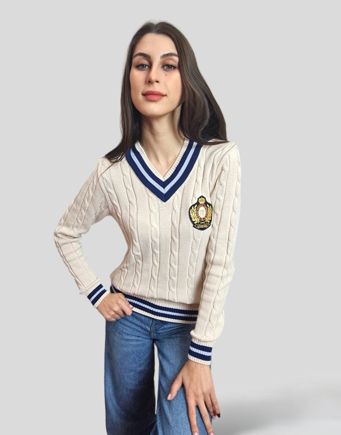 Organic cotton Cable-Knit Signature Premium V-Neck CREAM