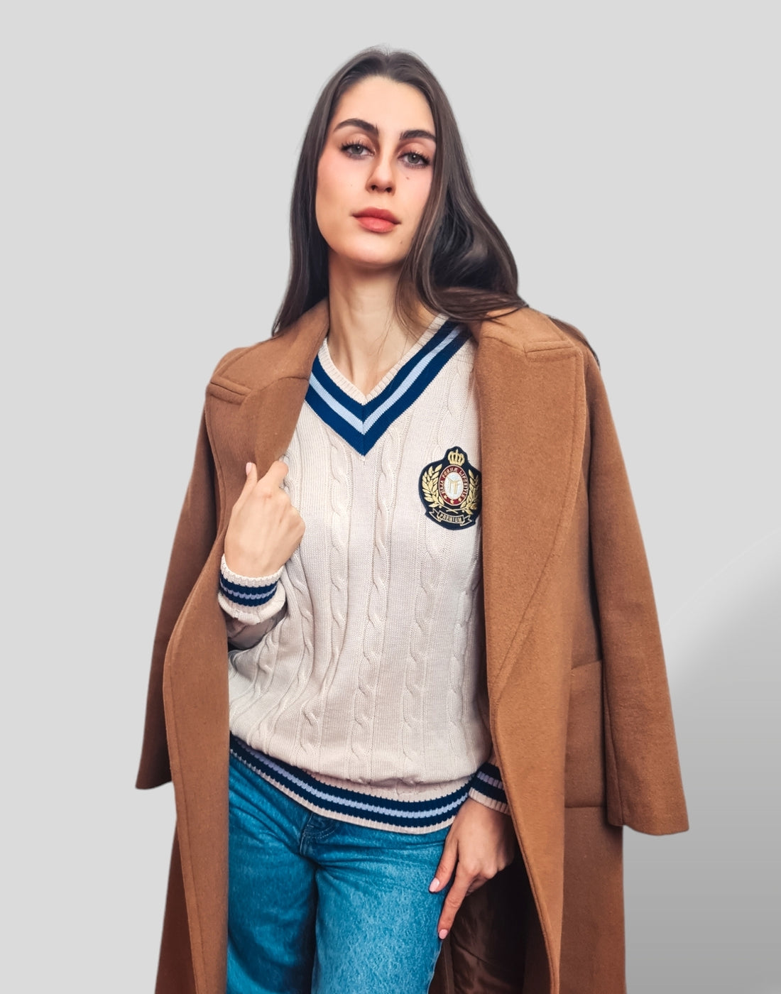 Organic cotton Cable-Knit Signature Premium V-Neck CREAM