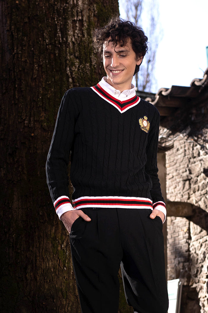 MEN Cable-Knit Signature Premium V-Neck BLACK