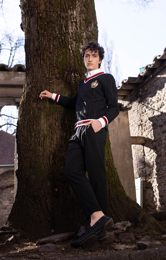 MEN Cable-Knit Signature Premium V-Neck BLACK