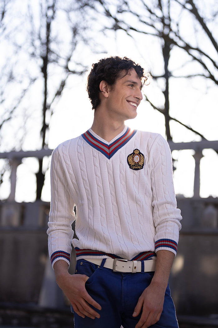 MOŠKI Premium Ferme klasičen V izrez pulover BEL