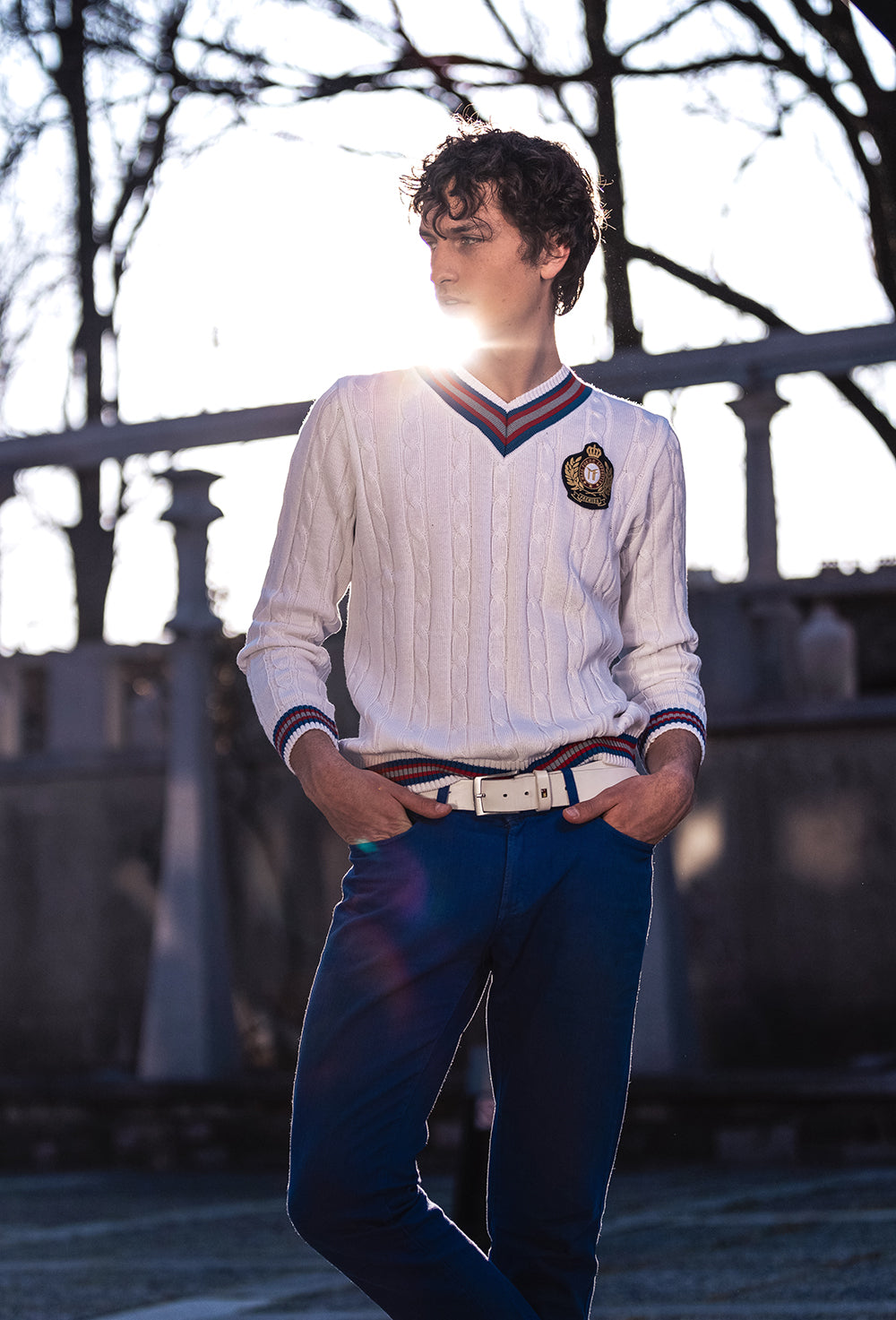 MOŠKI Premium Ferme klasičen V izrez pulover BEL