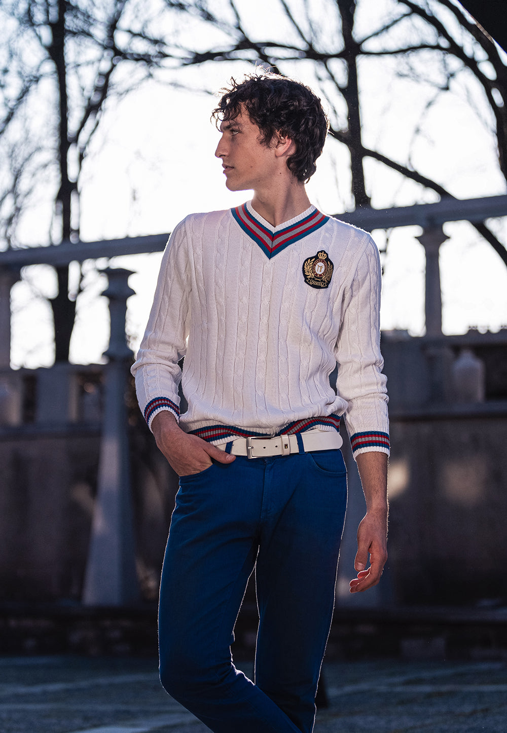 MOŠKI Premium Ferme klasičen V izrez pulover BEL