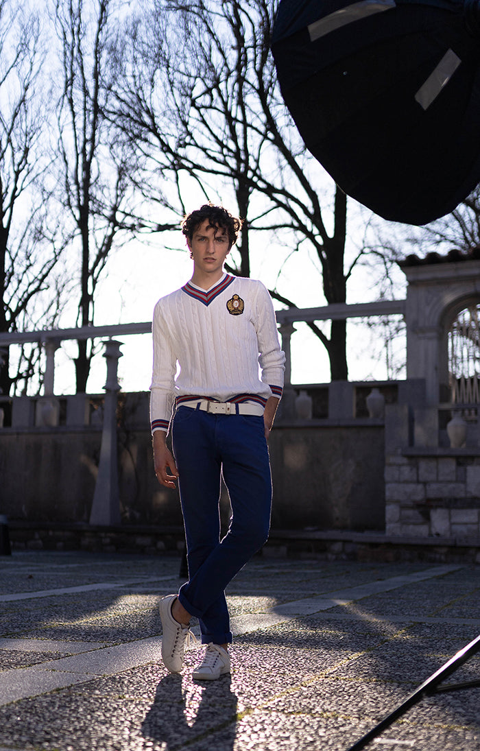 MOŠKI Premium Ferme klasičen V izrez pulover BEL