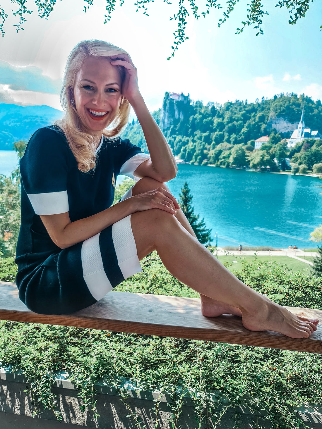 Organic Cotton SHORT sleeve Boatneck Midi Dress BLACK & WHITE