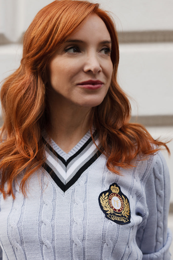 Organic cotton Cable-Knit Signature Premium V-Neck SKY