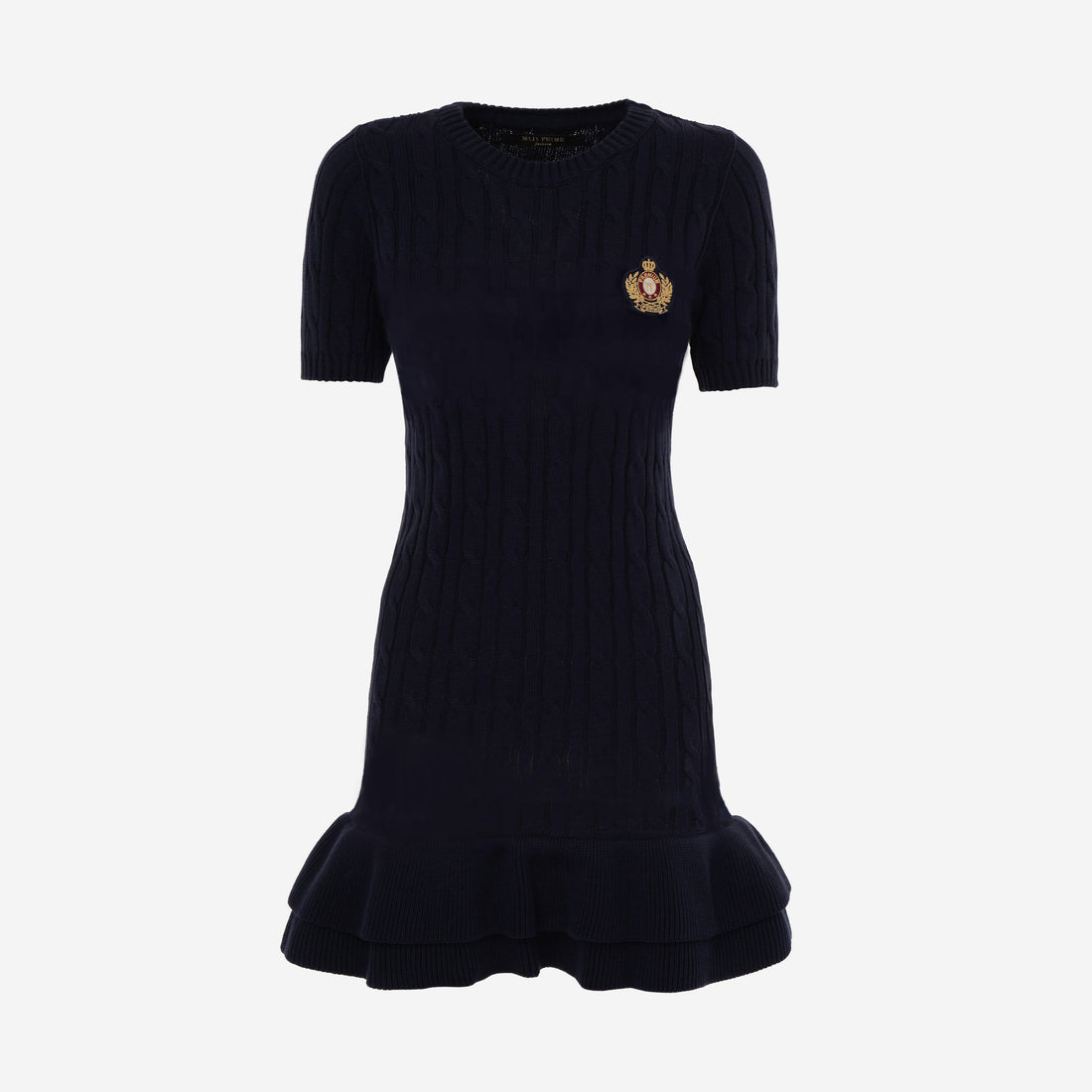 Cable-Knit Short-Sleeve Fit and Flare Ruffle Dress BLUE