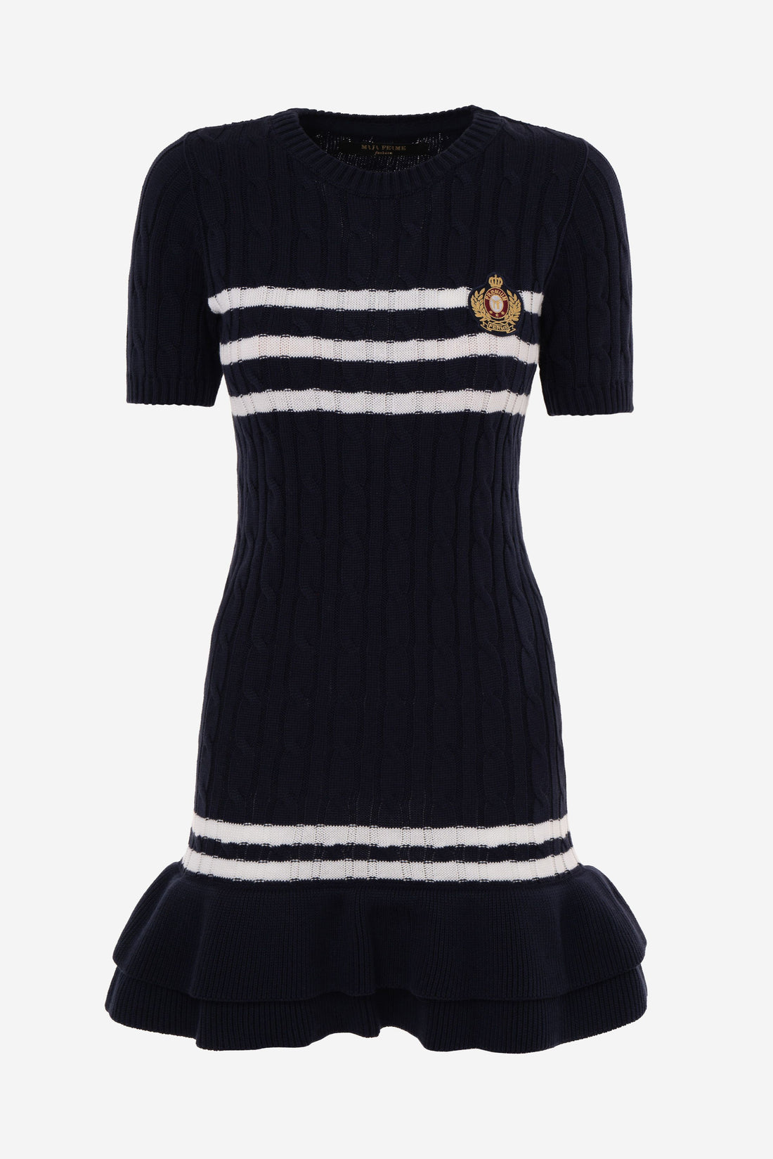 Cable-Knit Short-Sleeve Fit and Flare Ruffle Dress BLUE-WHITE STRIPES
