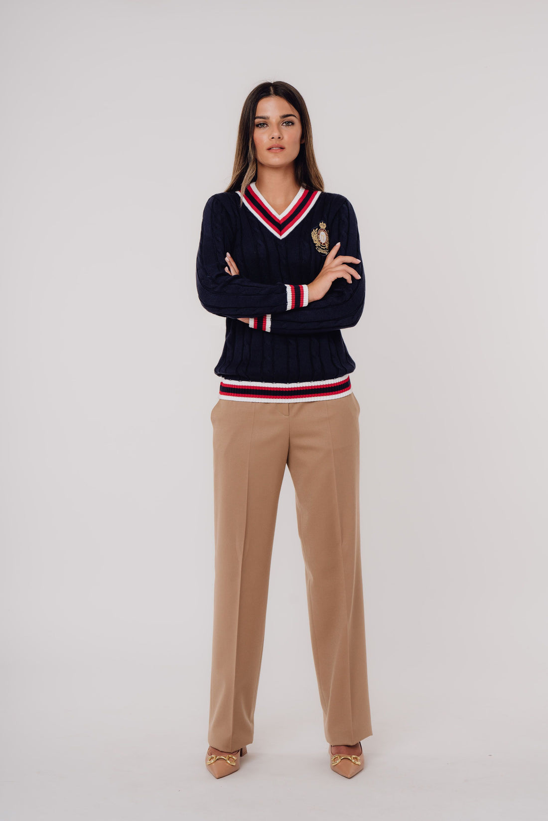 Cable-Knit Signature Premium V-Neck BLUE