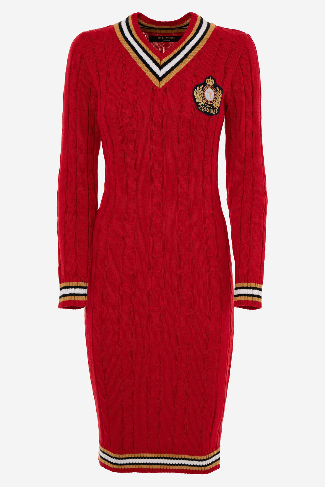 Cable-Knit Signature Premium V-Neck Dress RED