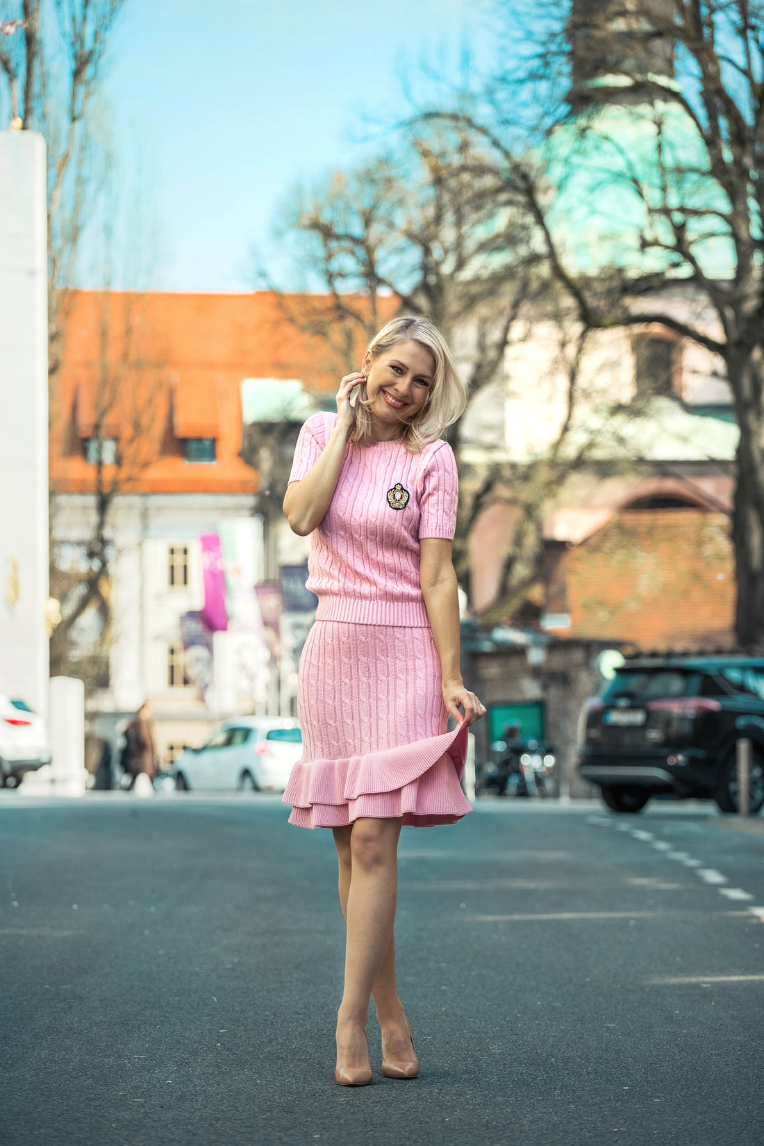 Cable-Knit Organic Cotton Fit and Flare Ruffle Skirt PINK