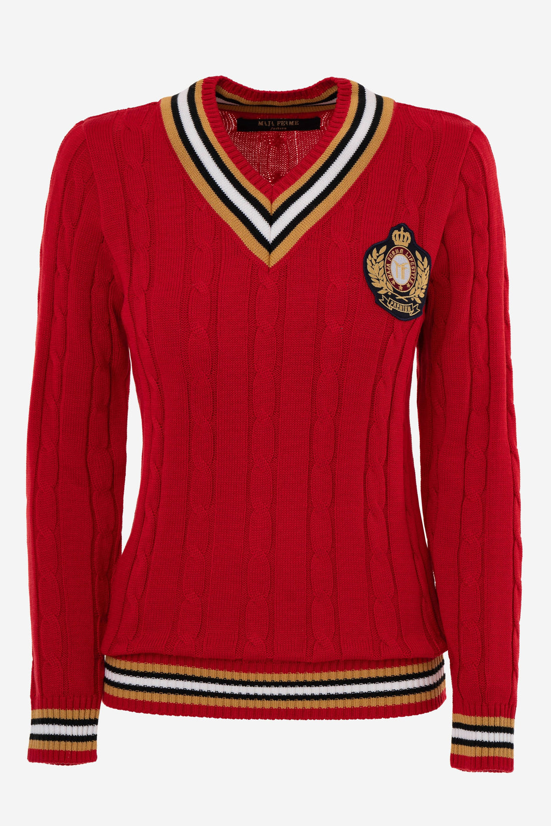 Cable-Knit Signature Premium V-Neck RED