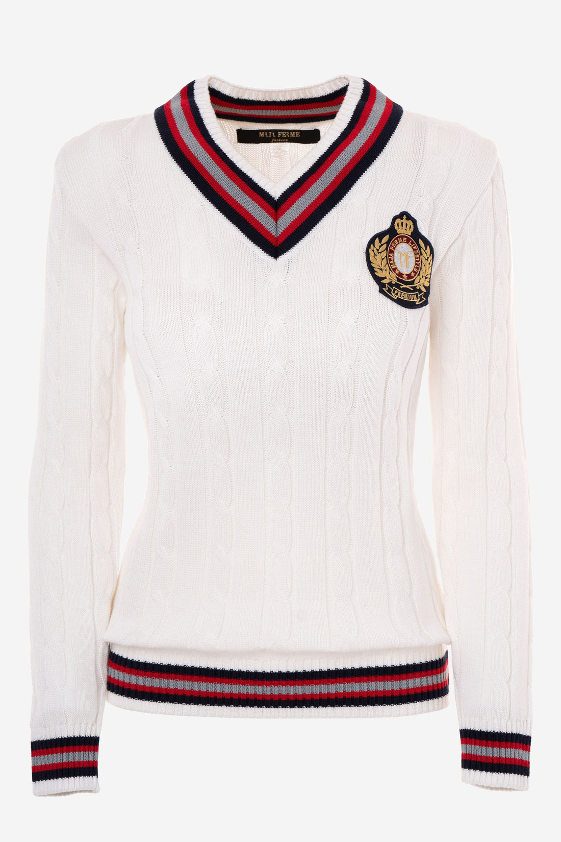 Cable-Knit Signature Premium V-Neck WHITE