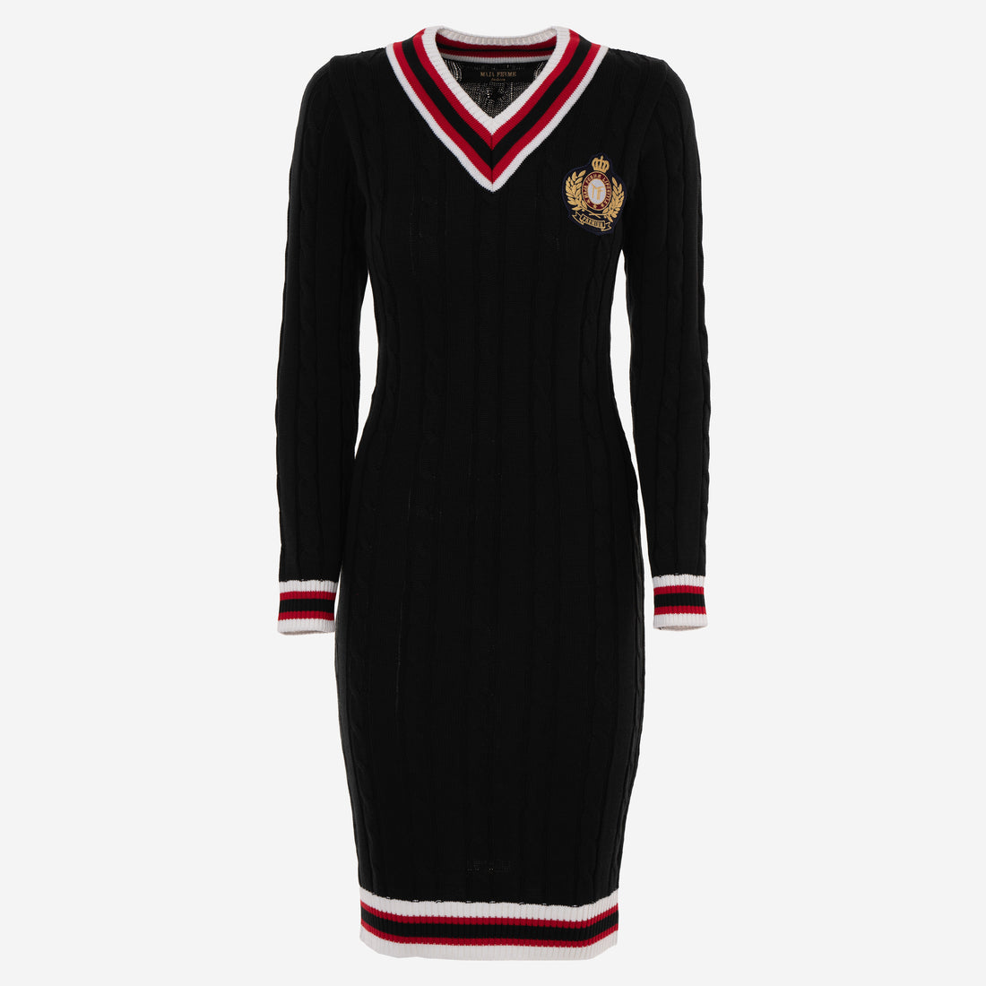 Cable-Knit Signature Premium V-Neck Dress BLACK