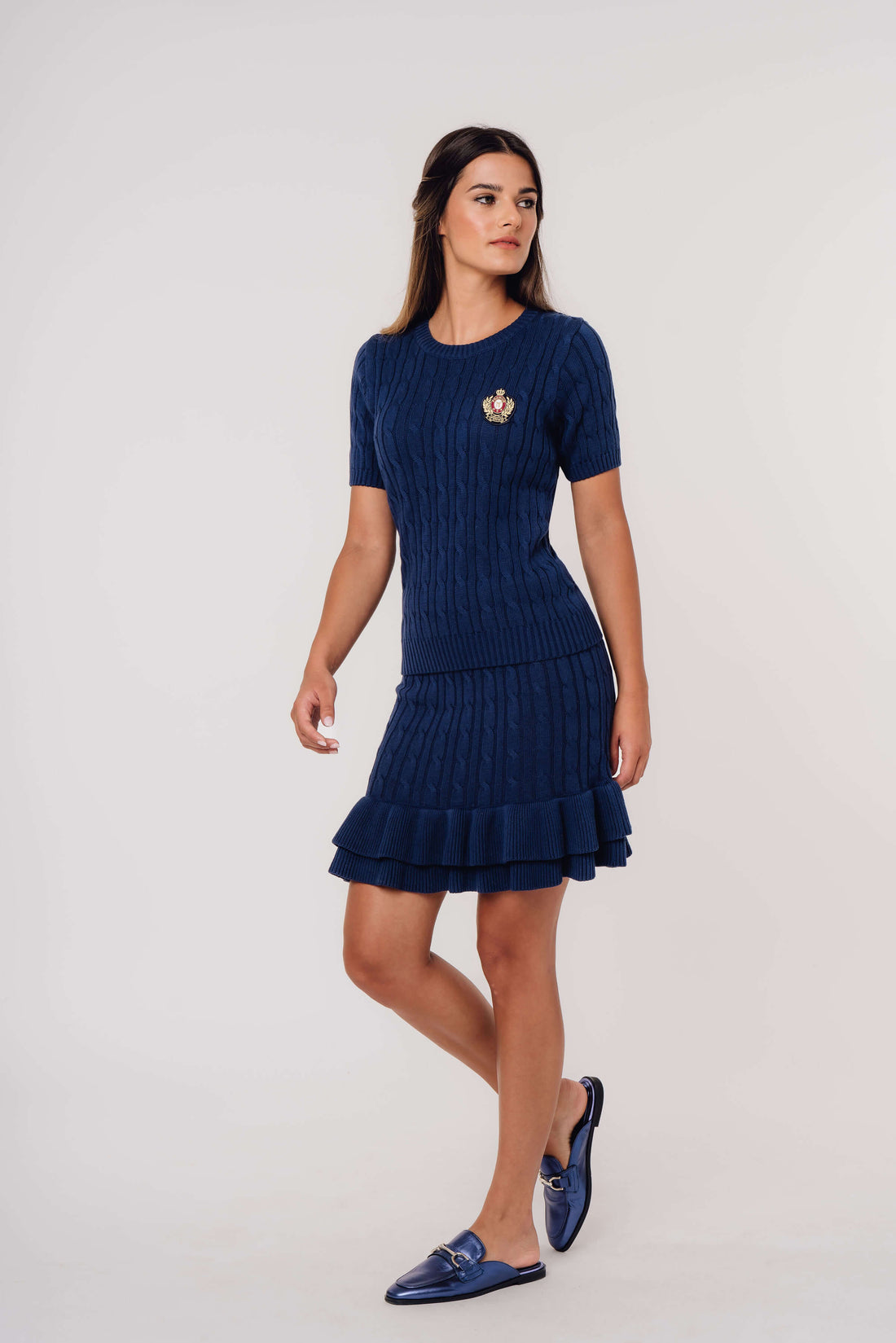 Cable-Knit Organic Cotton Fit and Flare Ruffle Skirt BLUE