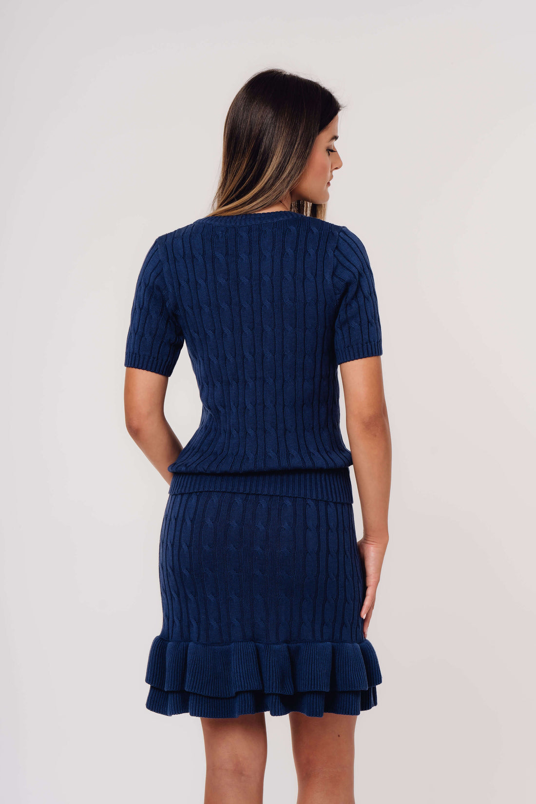 Cable-Knit Organic Cotton Fit and Flare Ruffle Skirt BLUE