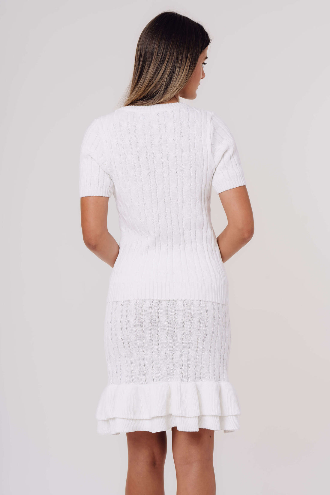 Cable-Knit Organic Cotton Fit and Flare Ruffle Skirt WHITE