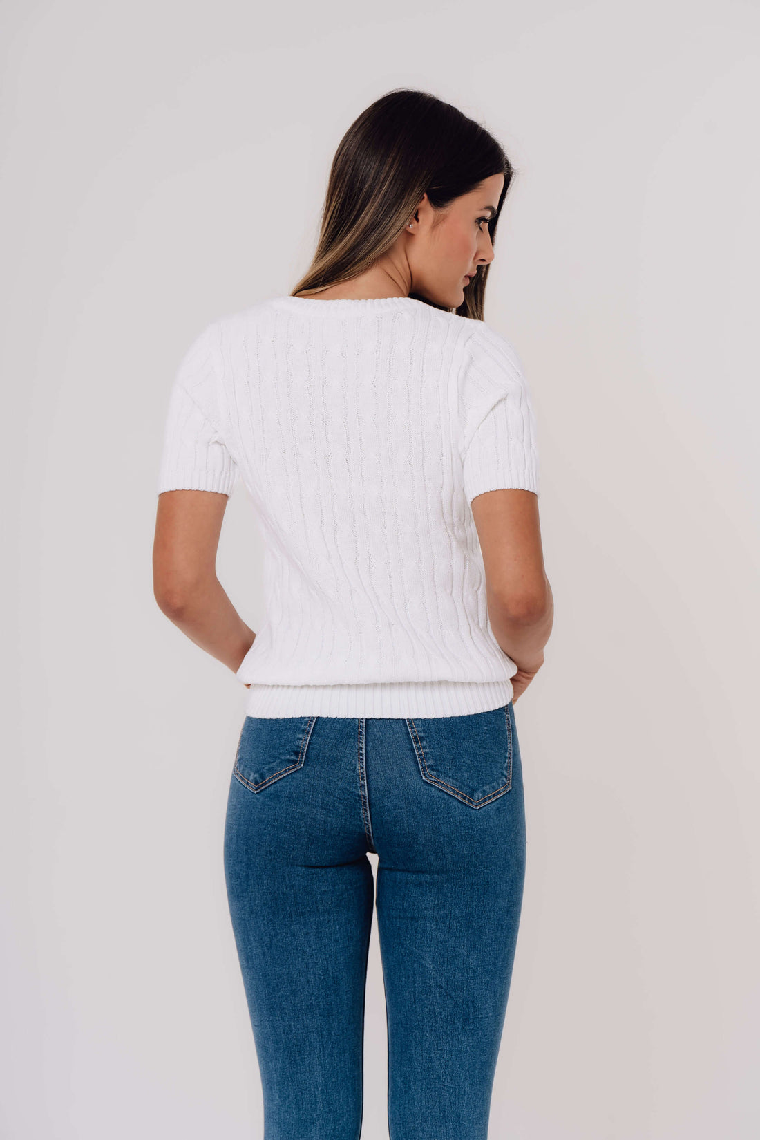 Organic Cotton Cable-Knit Short-Sleeve WHITE