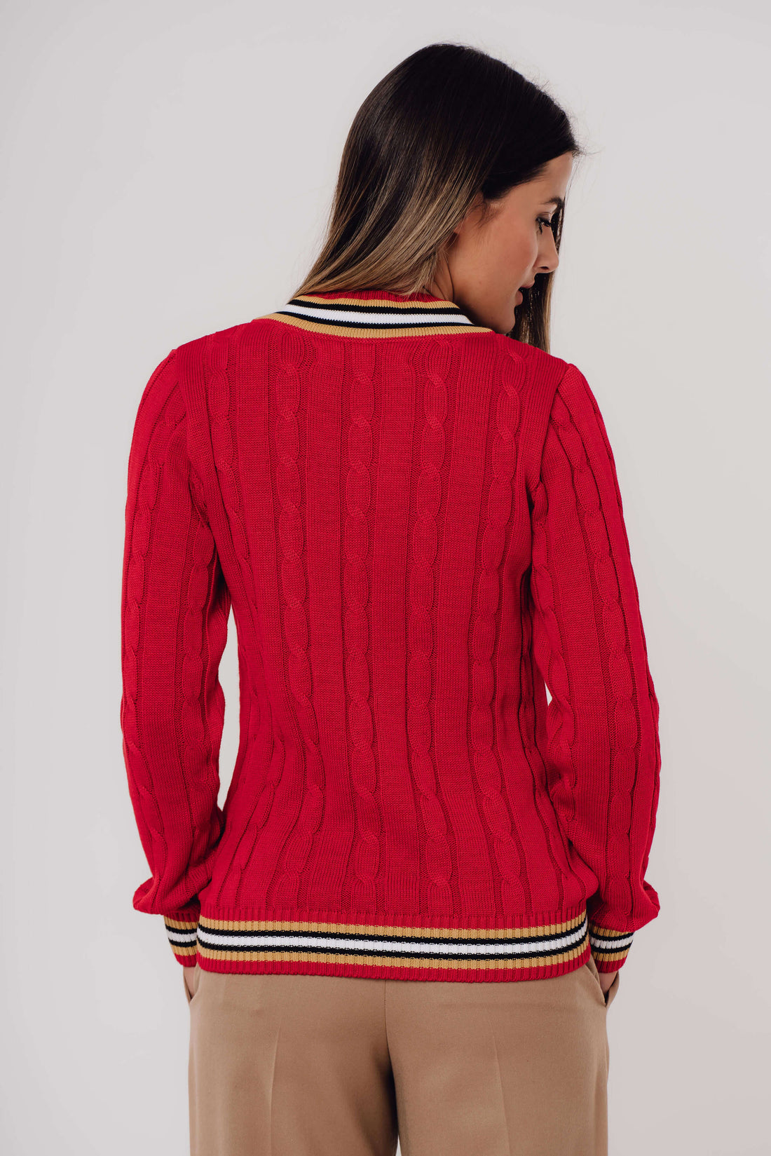 Cable-Knit Signature Premium V-Neck RED
