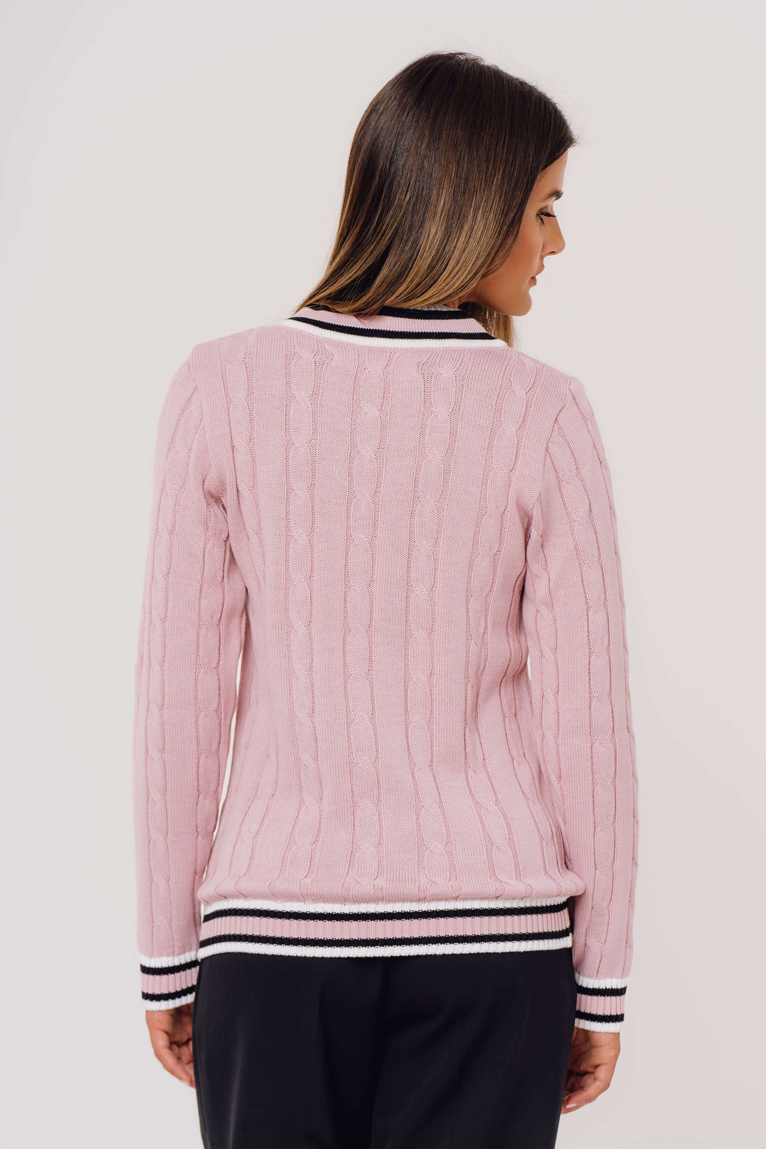 Organic cotton Cable-Knit Signature Premium V-Neck PINK