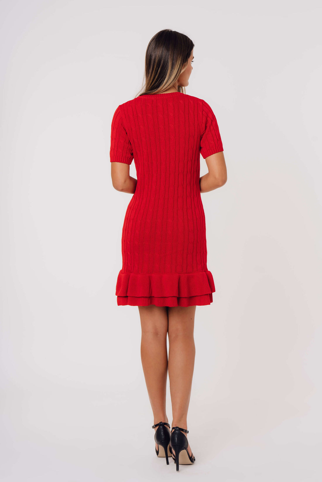 Cable-Knit Short-Sleeve Fit and Flare Ruffle Dress RED