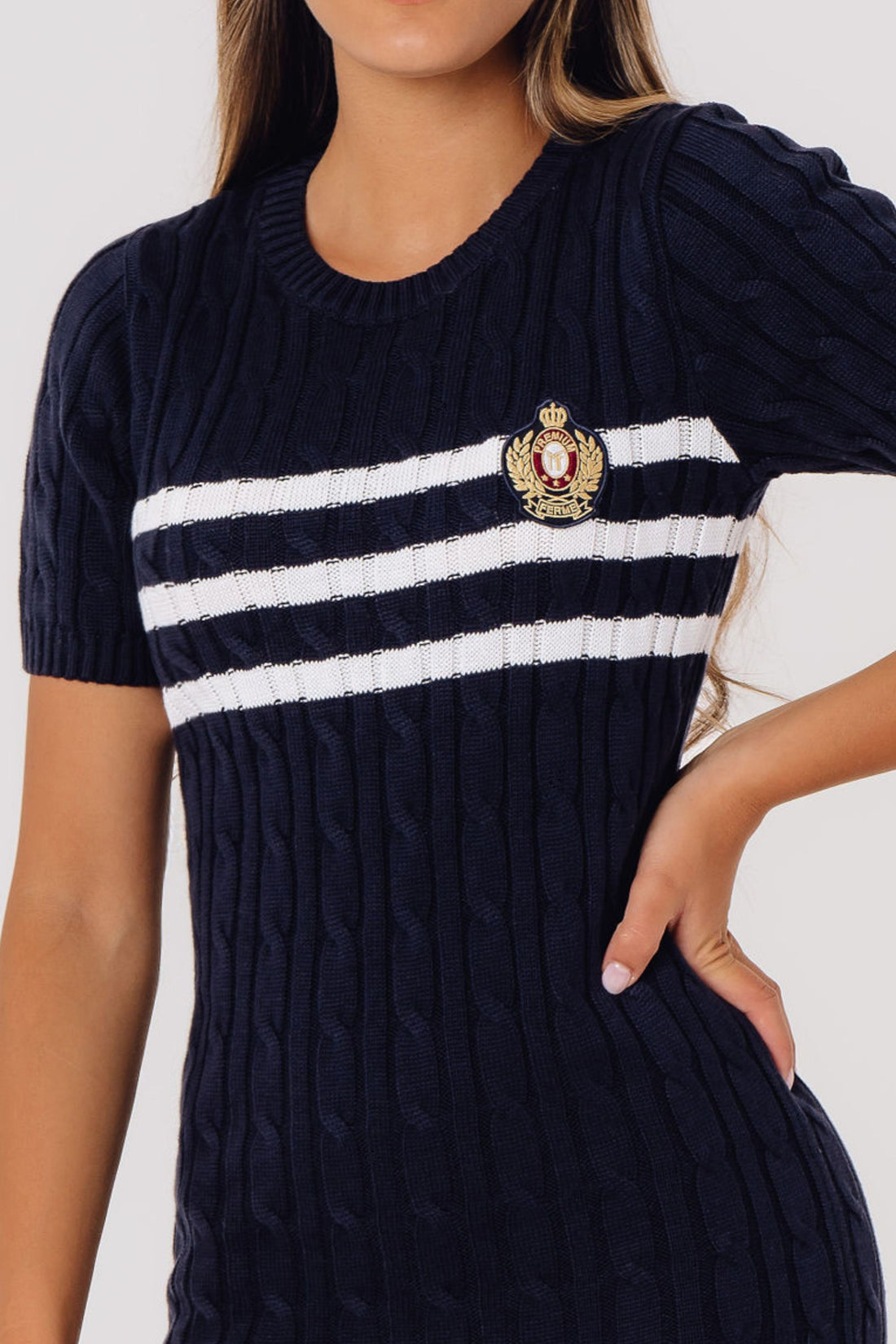 Cable-Knit Short-Sleeve Fit and Flare Ruffle Dress BLUE-WHITE STRIPES