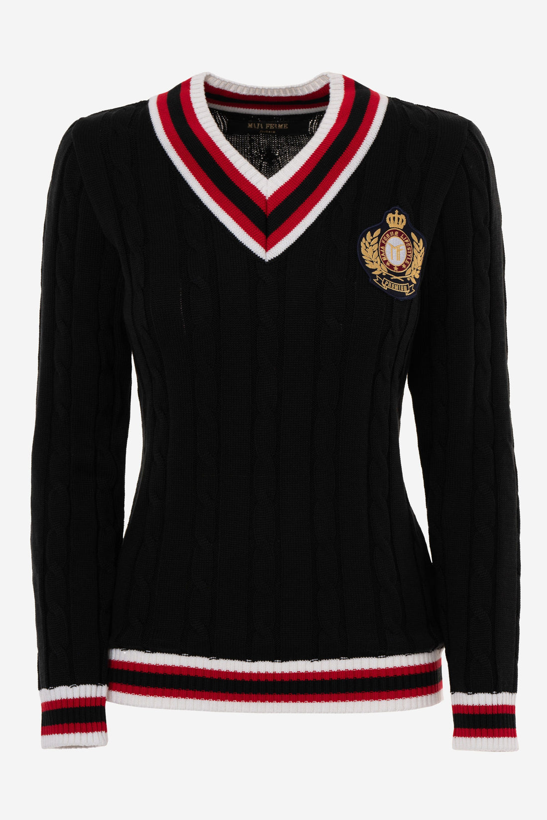 Cable-Knit Signature Premium V-Neck BLACK