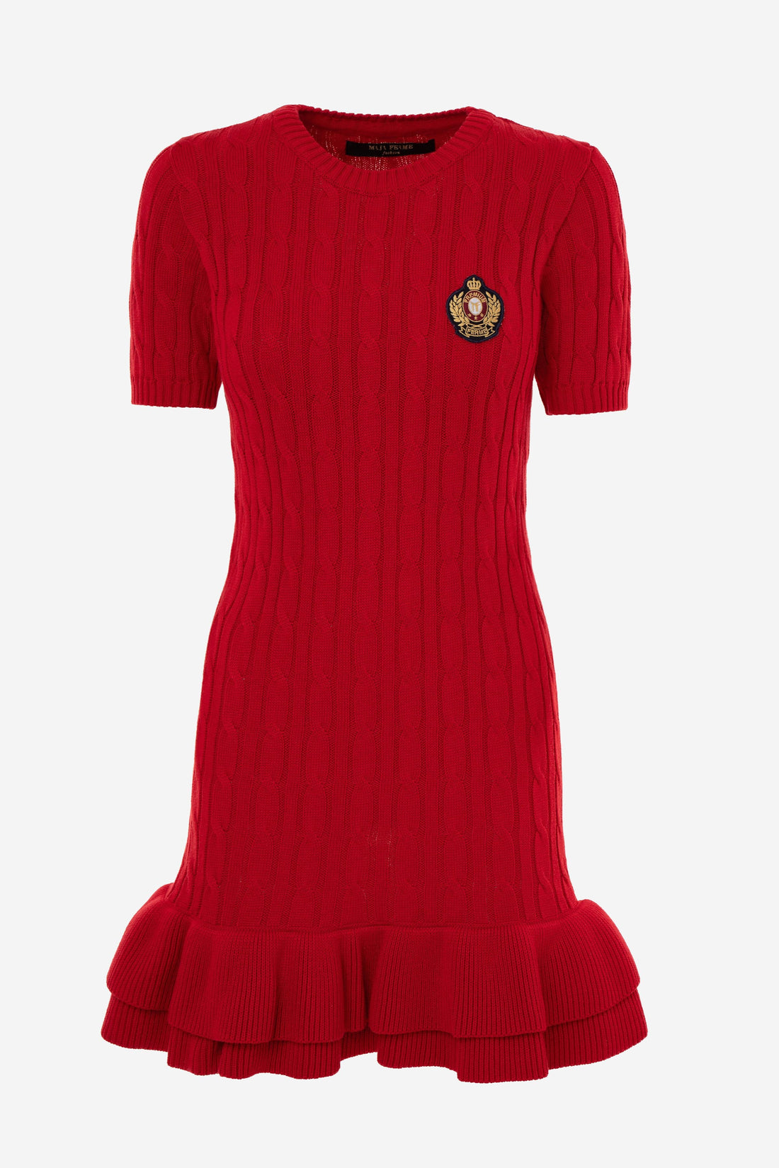 Cable-Knit Short-Sleeve Fit and Flare Ruffle Dress RED