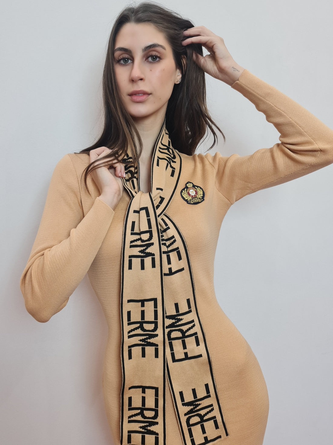 Organic Cotton Premium V neck Midi Dress with belt CAMEL