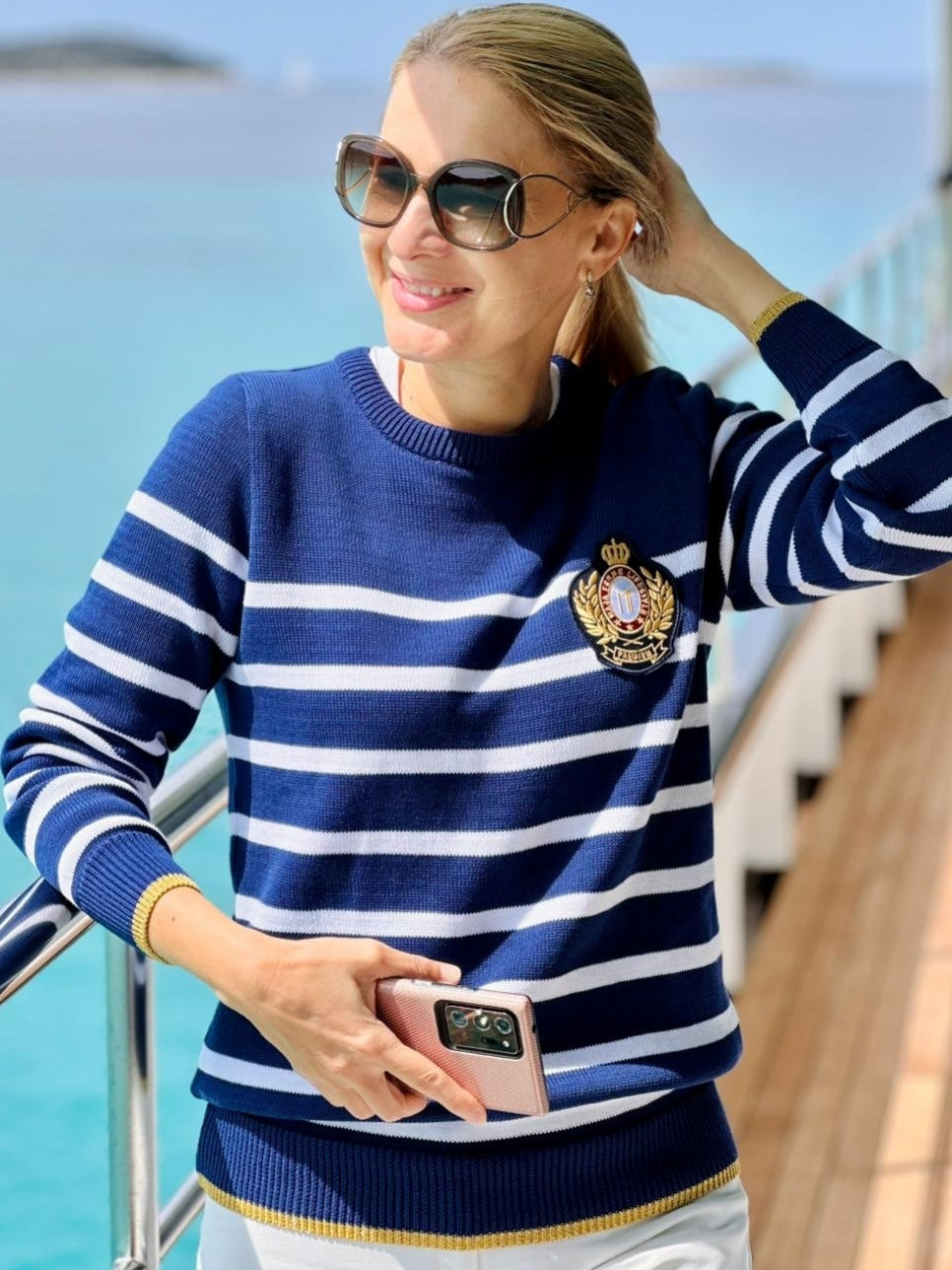 Striped Organic cotton C-neck Sweater NAVY -WHITE