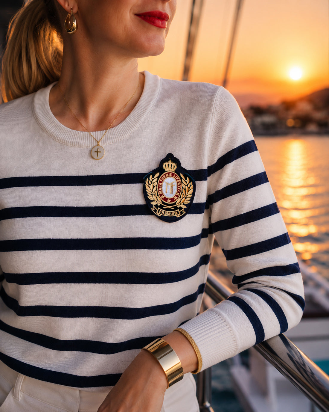 Striped Organic cotton C-neck Sweater WHITE - NAVY