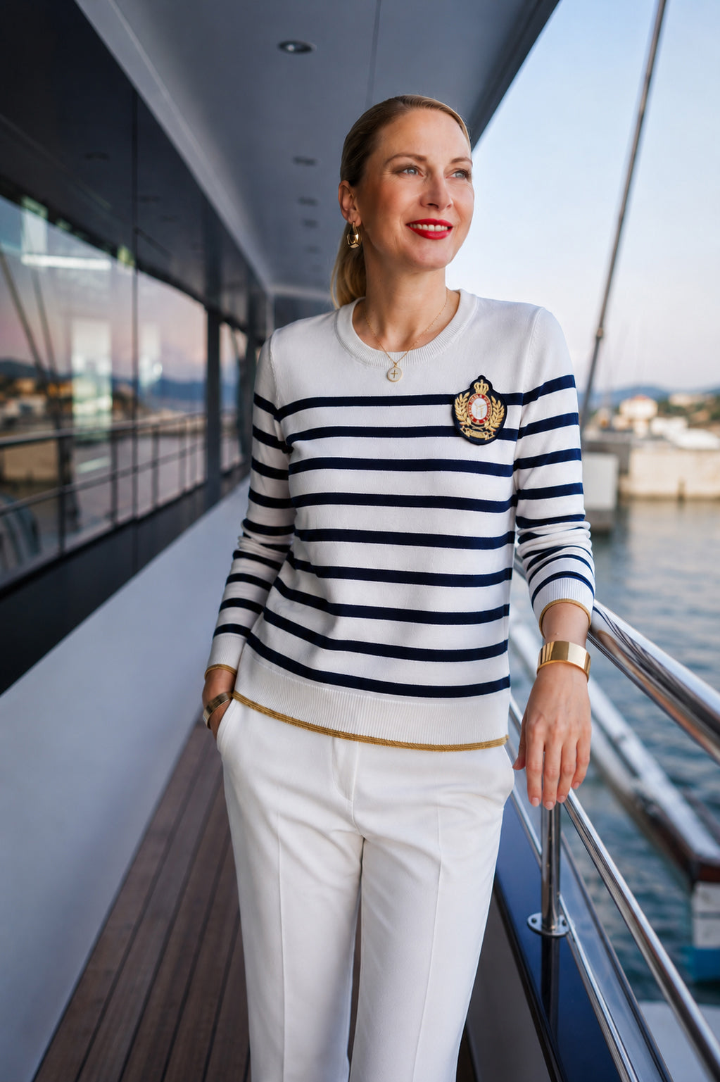Striped Organic cotton C-neck Sweater WHITE - NAVY