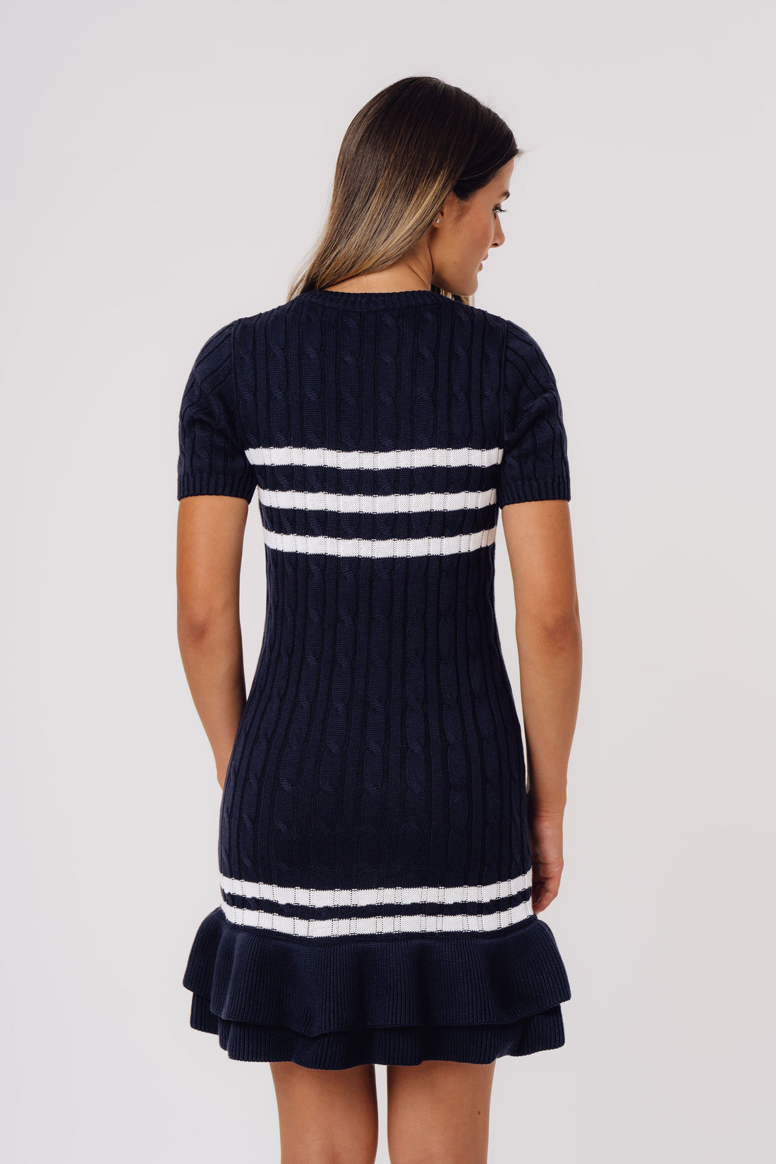 Cable-Knit Short-Sleeve Fit and Flare Ruffle Dress BLUE-WHITE STRIPES