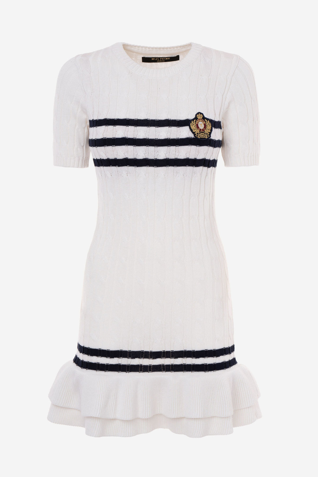 Cable-Knit Short-Sleeve Fit and Flare Ruffle Dress WHITE-BLUE STRIPES