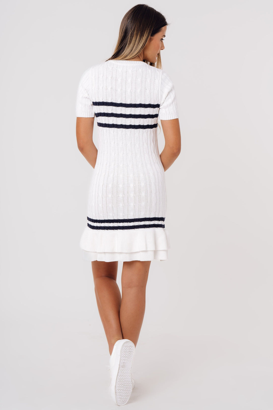 Cable-Knit Short-Sleeve Fit and Flare Ruffle Dress WHITE-BLUE STRIPES