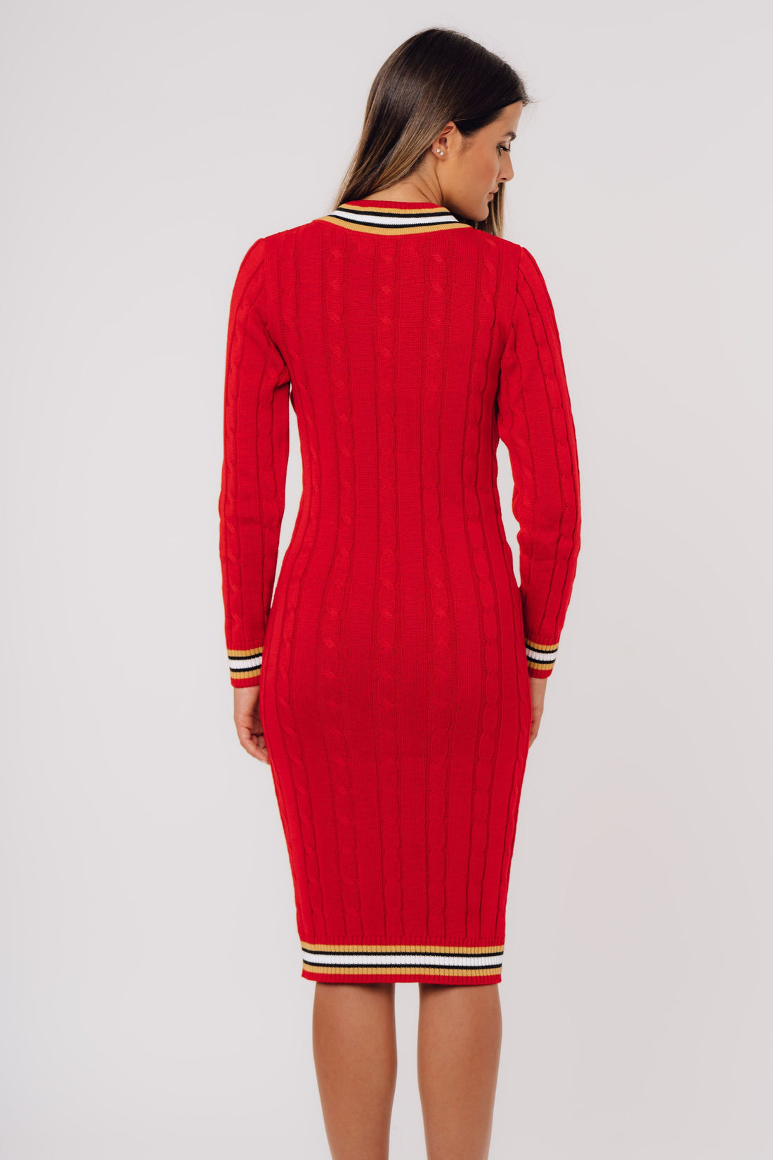 Cable-Knit Signature Premium V-Neck Dress RED