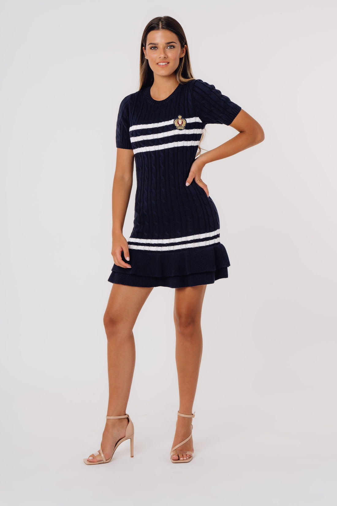 Cable-Knit Short-Sleeve Fit and Flare Ruffle Dress BLUE-WHITE STRIPES