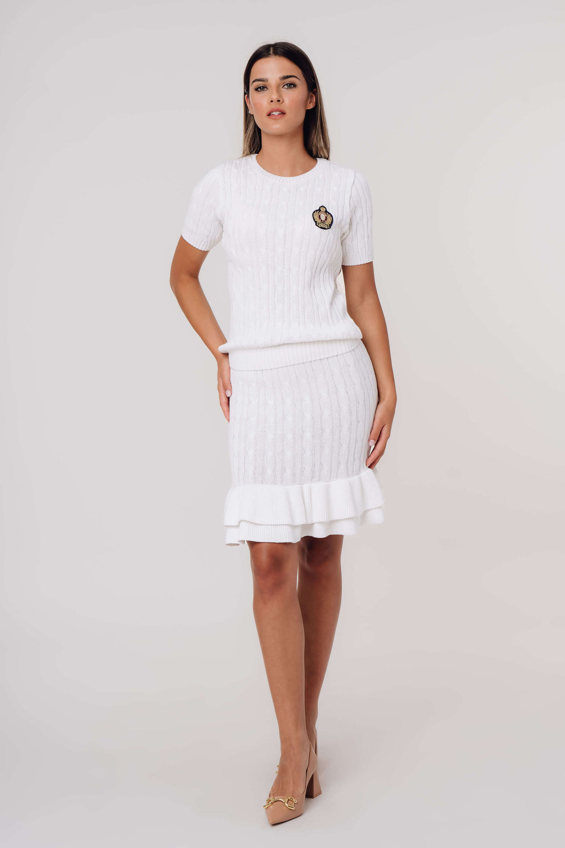 Cable-Knit Organic Cotton Fit and Flare Ruffle Skirt WHITE