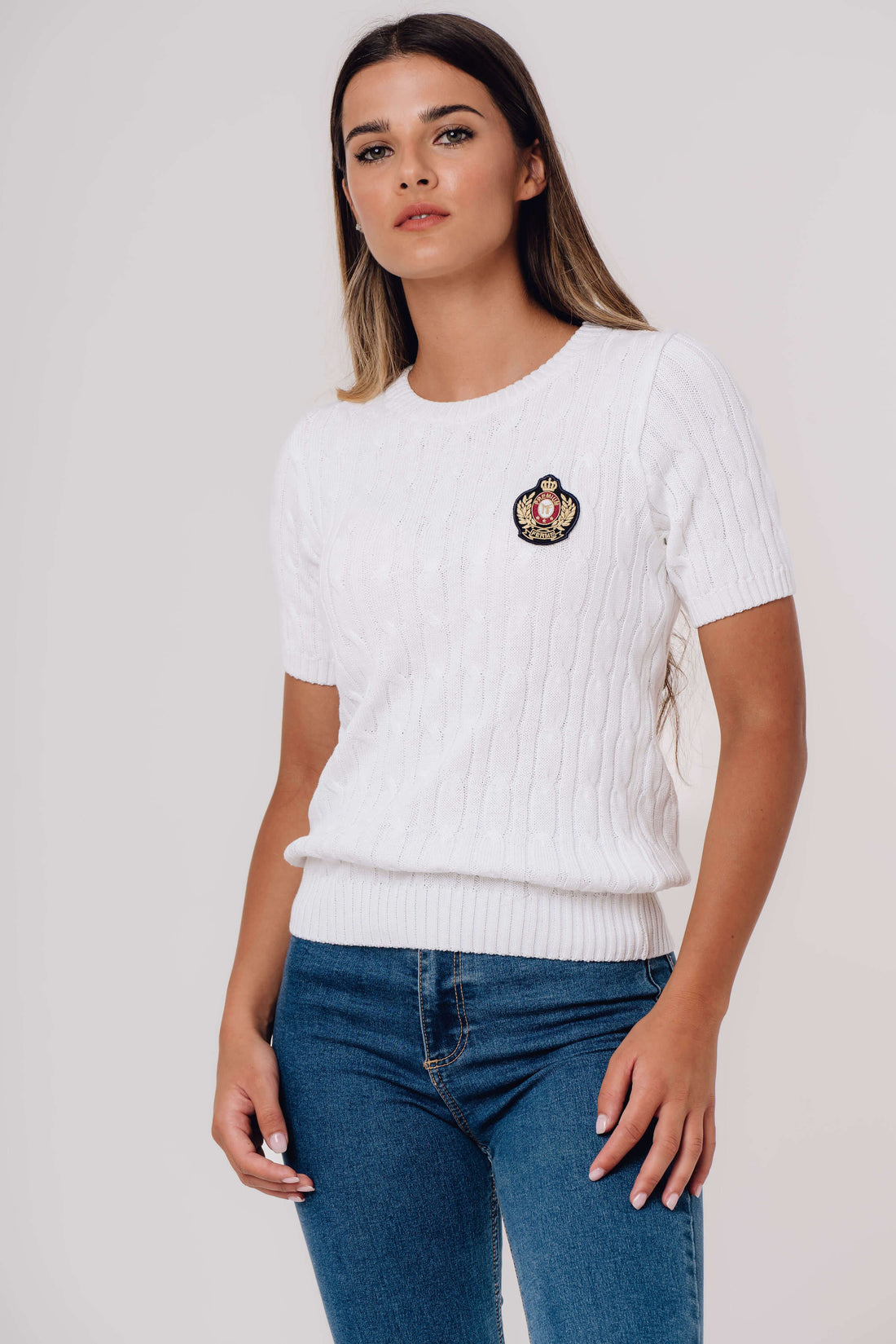 Organic Cotton Cable-Knit Short-Sleeve White