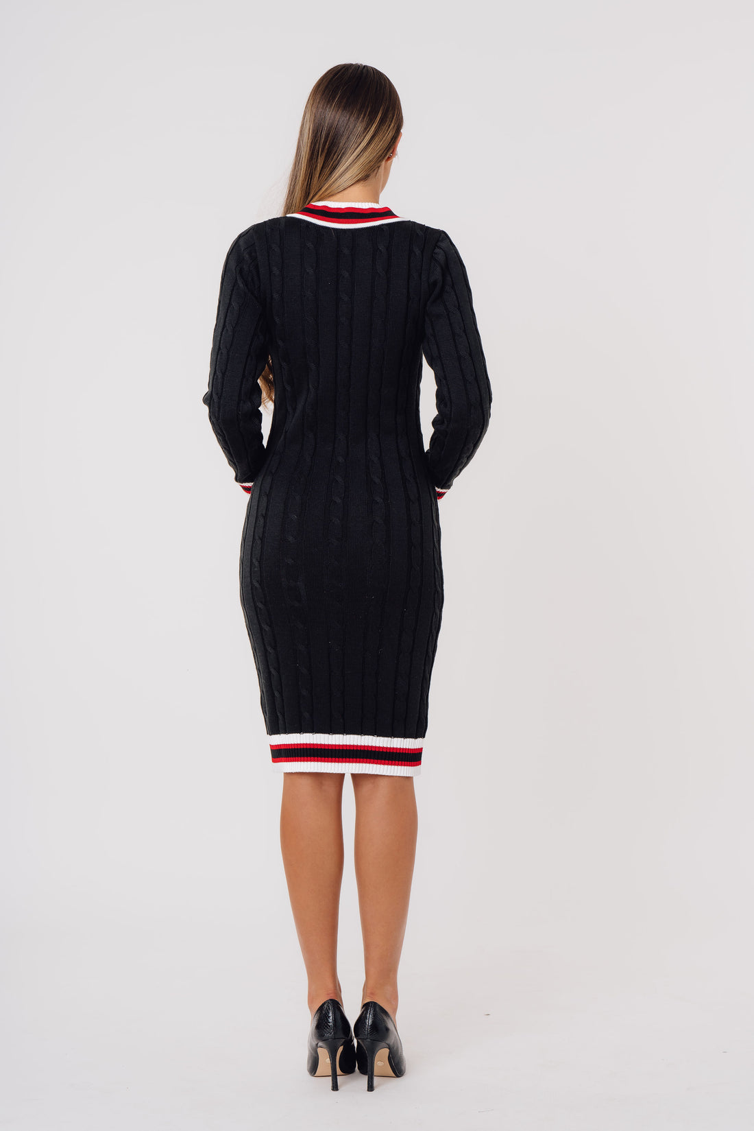 Cable-Knit Signature Premium V-Neck Dress BLACK