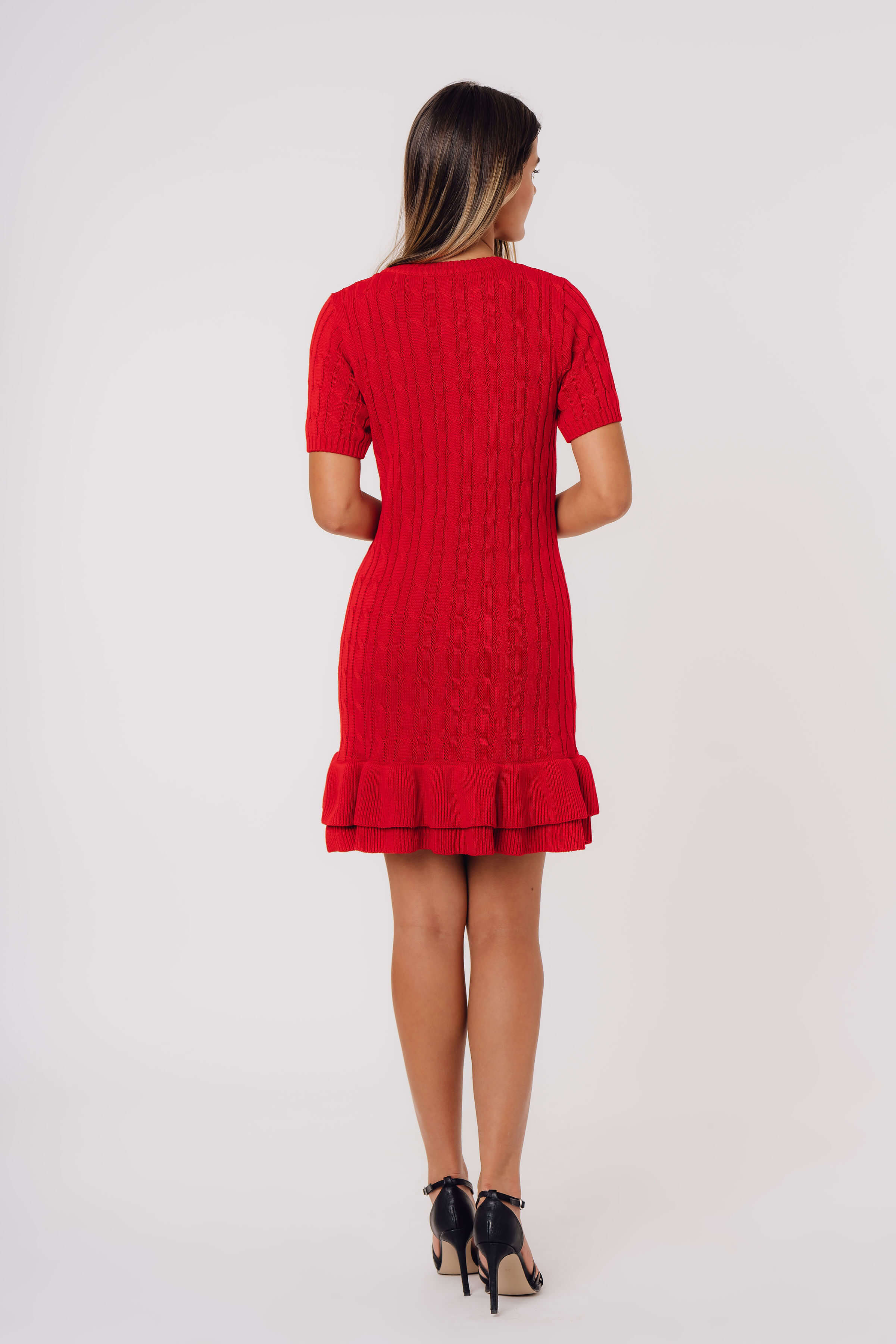 Cable-Knit Short-Sleeve Fit and Flare Ruffle Dress Red | Premium