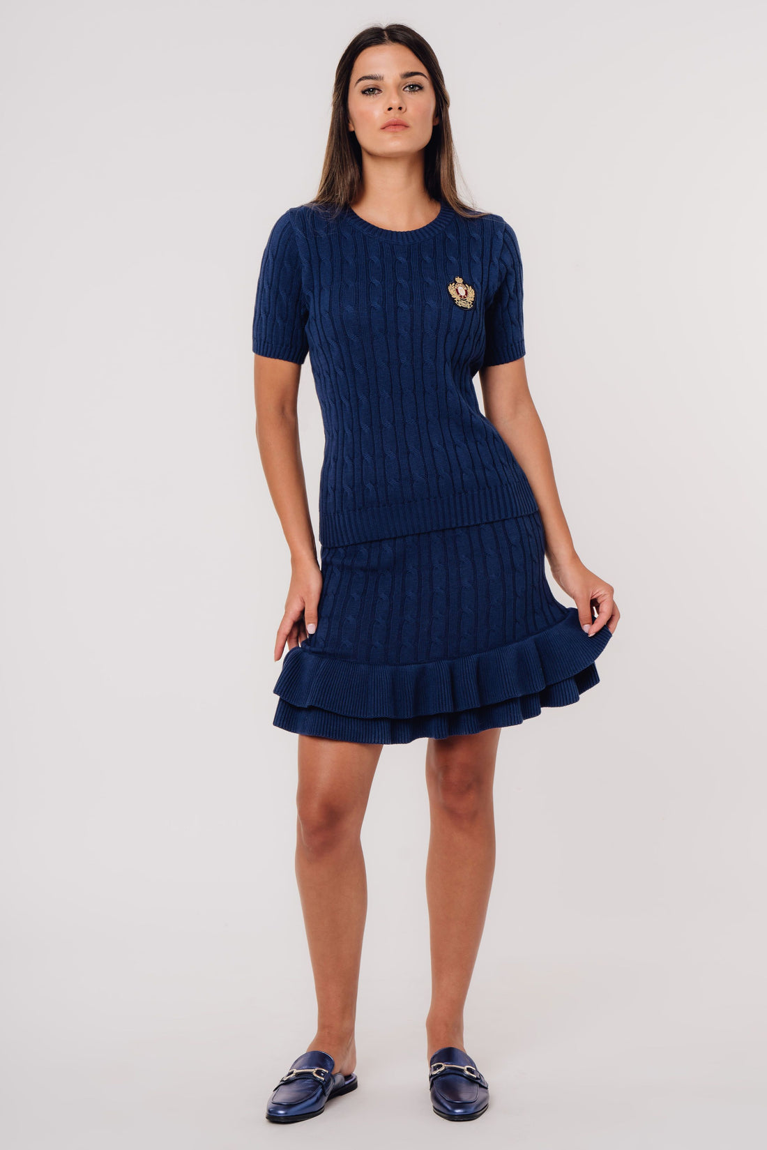 Cable-Knit Organic Cotton Fit and Flare Ruffle Skirt Blue