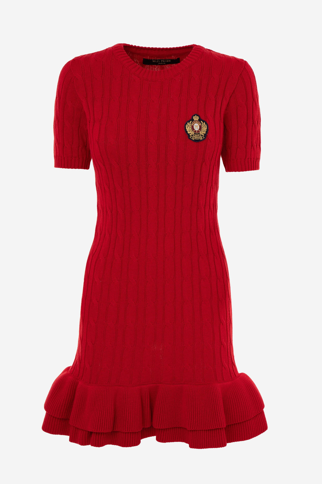 Cable-Knit Short-Sleeve Fit and Flare Ruffle Dress Red